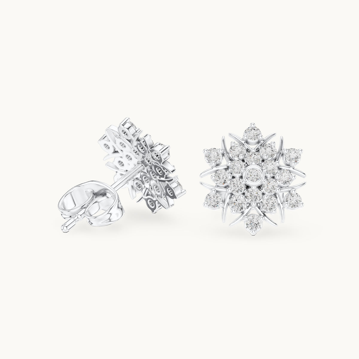 Round lab-grown diamond sunburst pavé cluster stud earrings in white gold, 0.38 CT TW, view 1