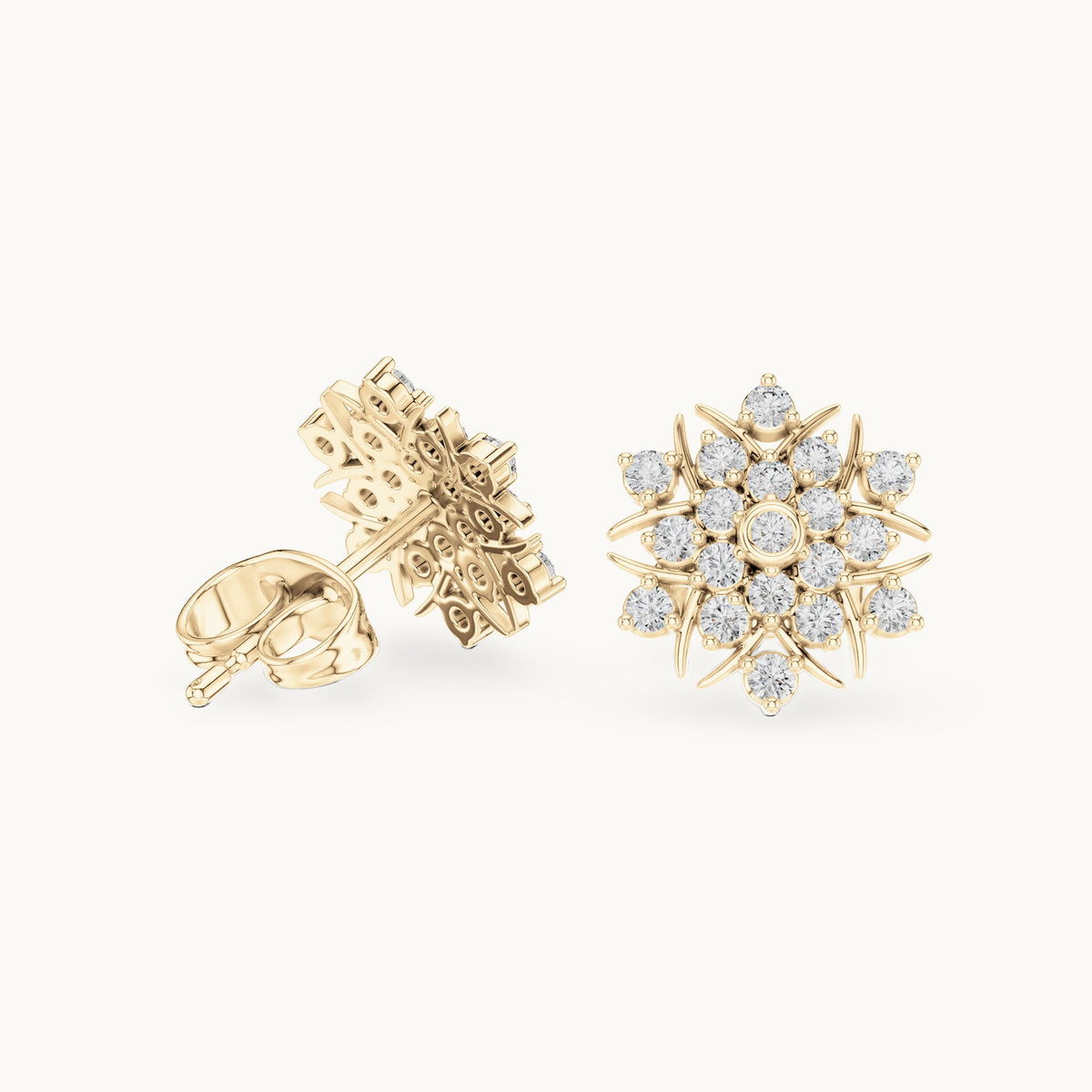 Round lab-grown diamond sunburst pavé cluster stud earrings in yellow gold, 0.38 CT TW, view 1