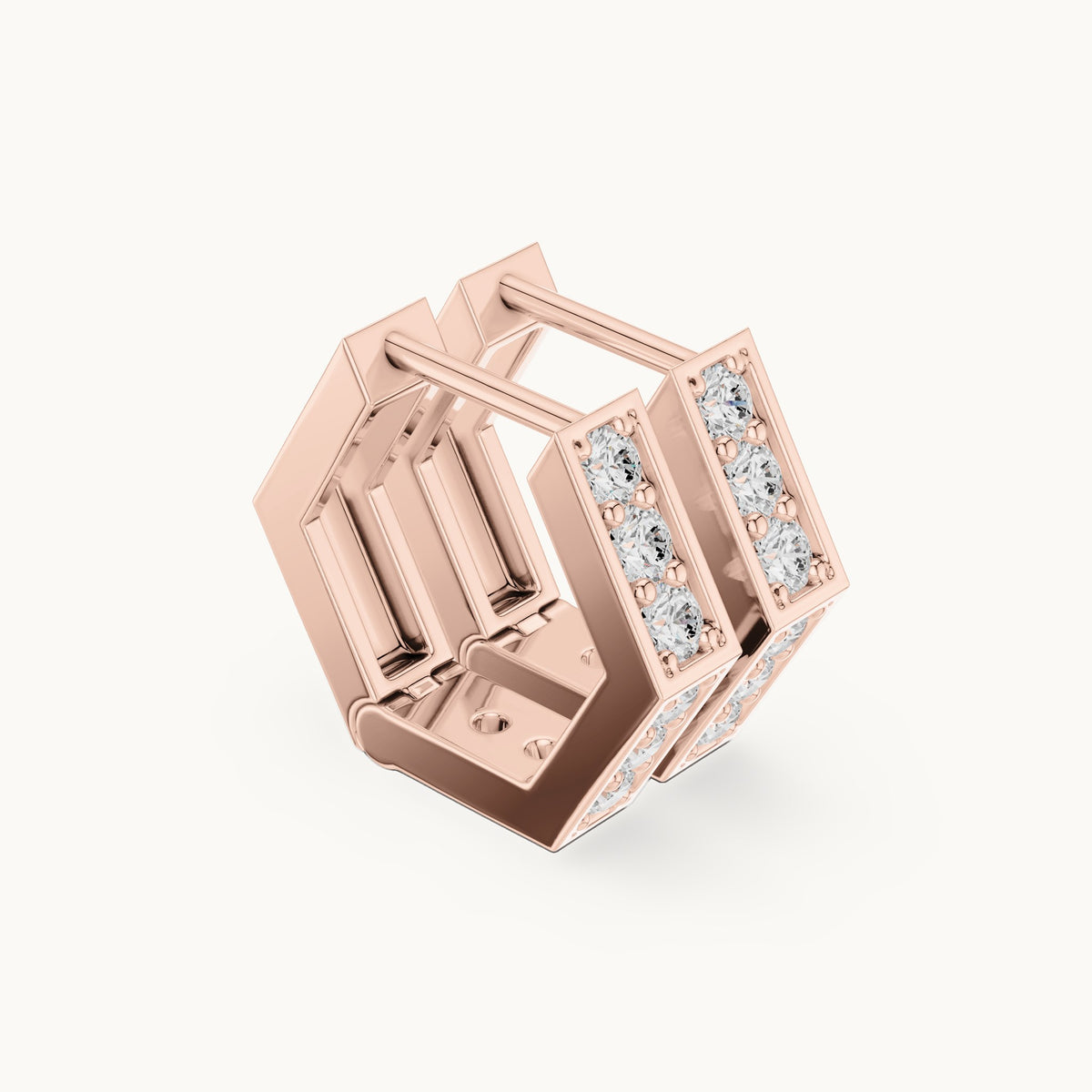 Round lab-grown diamond hexagon huggie hoop earrings in rose gold, 0.32 CT TW, view 1