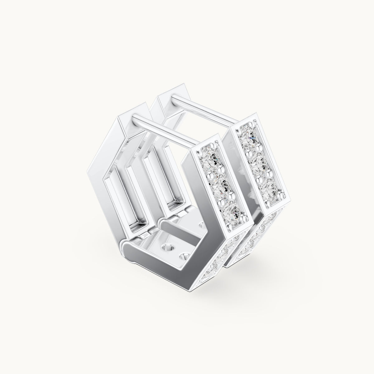 Round lab-grown diamond hexagon huggie hoop earrings in white gold, 0.32 CT TW, view 1
