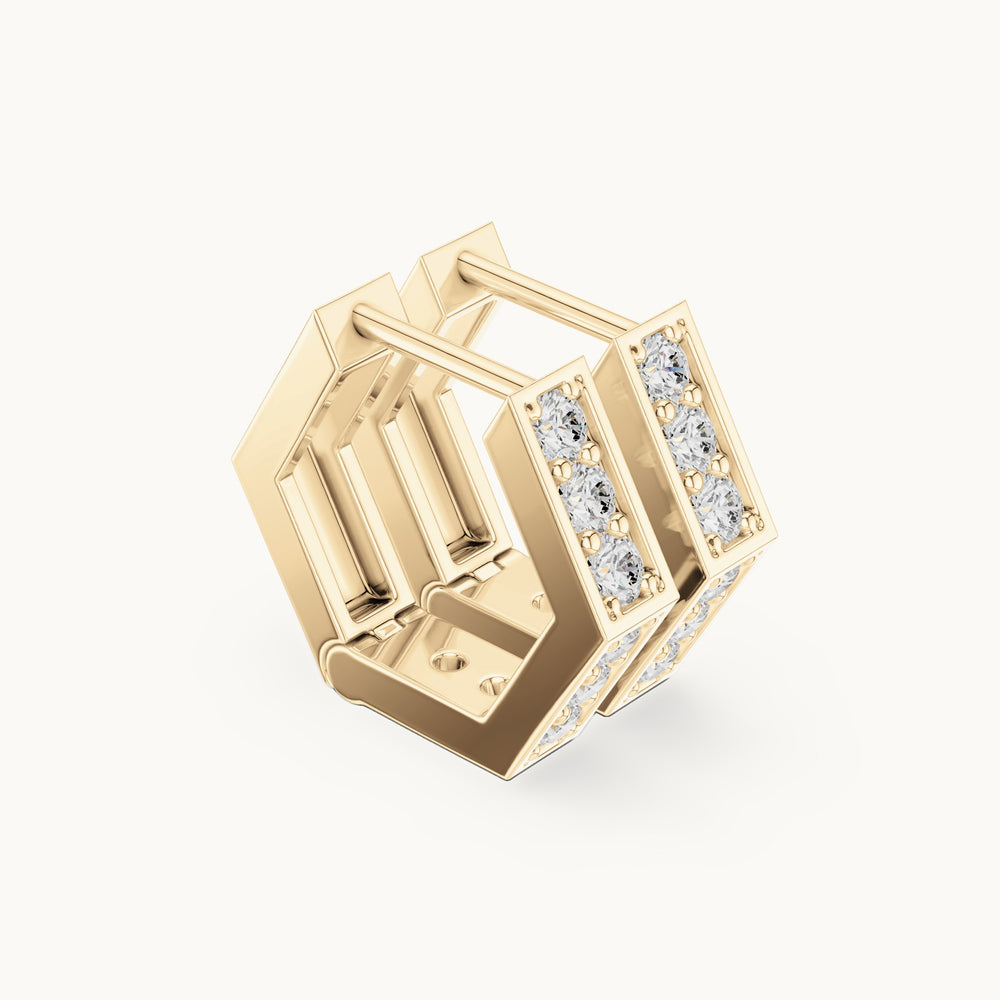 Round lab-grown diamond hexagon huggie hoop earrings in yellow gold, 0.32 CT TW, view 1
