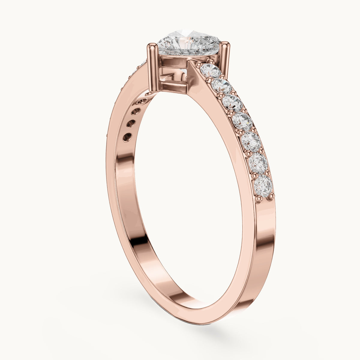 Heart lab-grown diamond solitaire engagement ring with pavé band in rose gold, 0.66 CT TW, view 1