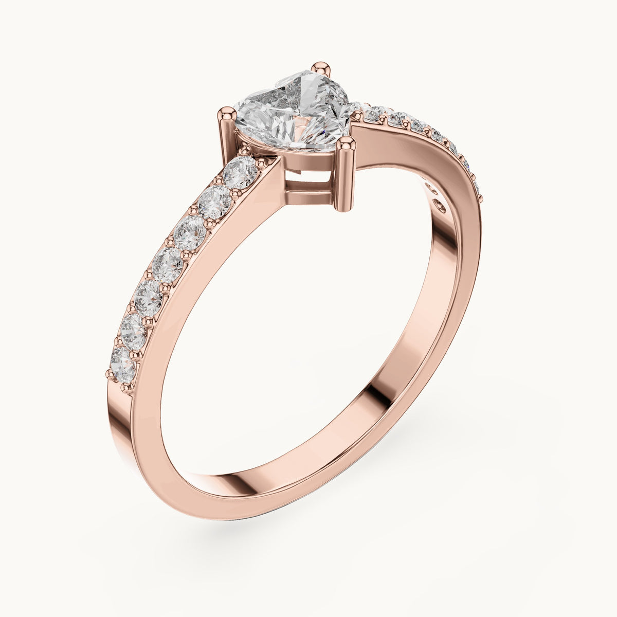 Heart lab-grown diamond solitaire engagement ring with pavé band in rose gold, 0.66 CT TW, view 2