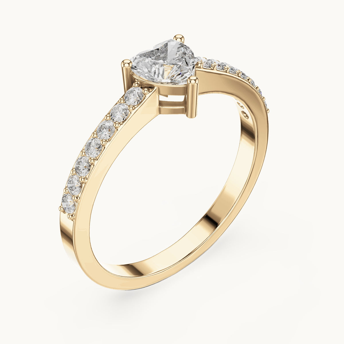 Heart lab-grown diamond solitaire engagement ring with pavé band in yellow gold, 0.66 CT TW, view 2