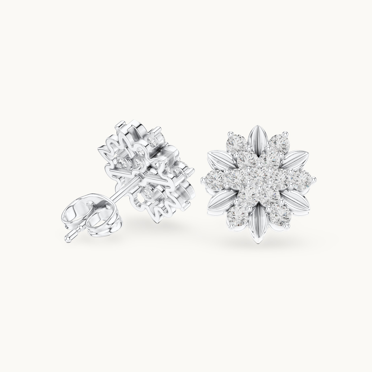 Round lab-grown diamond flower stud earrings in 14K white gold, 0.91 CT TW, view 1