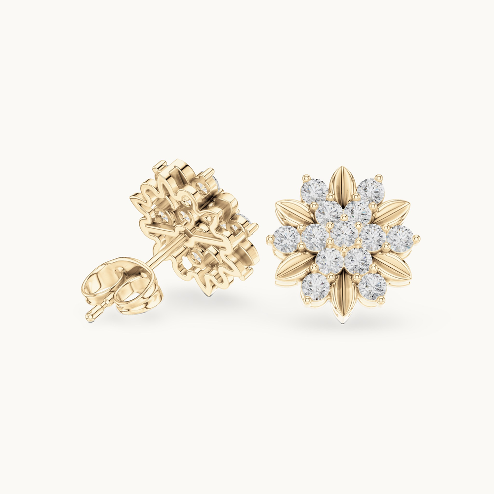 Round lab-grown diamond flower stud earrings in 14K yellow gold, 0.91 CT TW, view 1