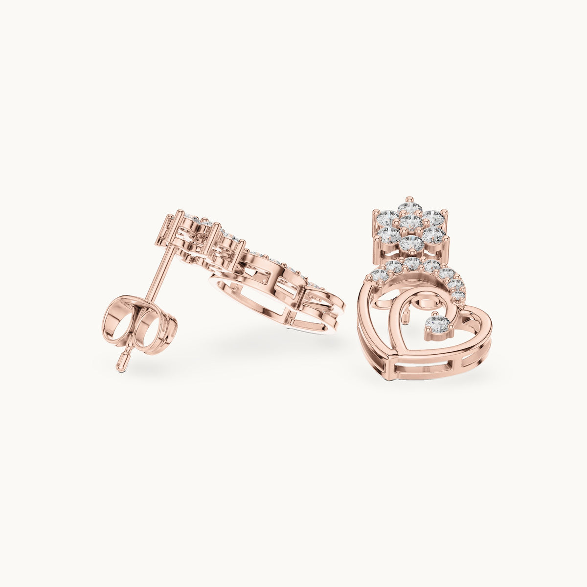 Round lab-grown diamond heart drop earrings in rose gold, 0.61 CT TW, view 1