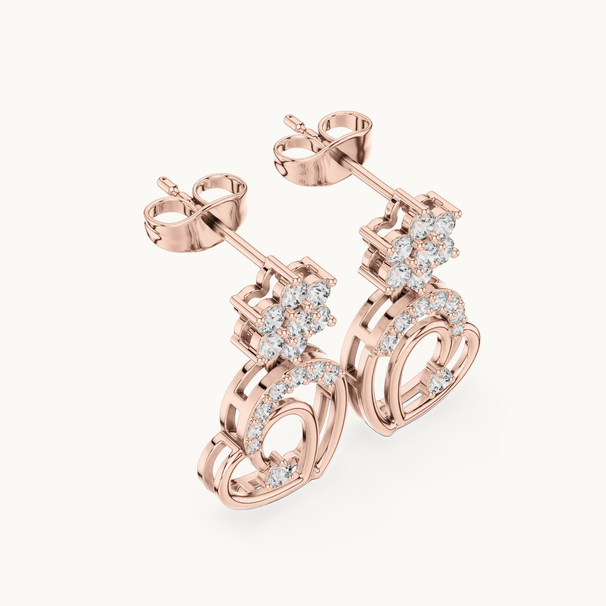 Round lab-grown diamond heart drop earrings in rose gold, 0.61 CT TW, view 2