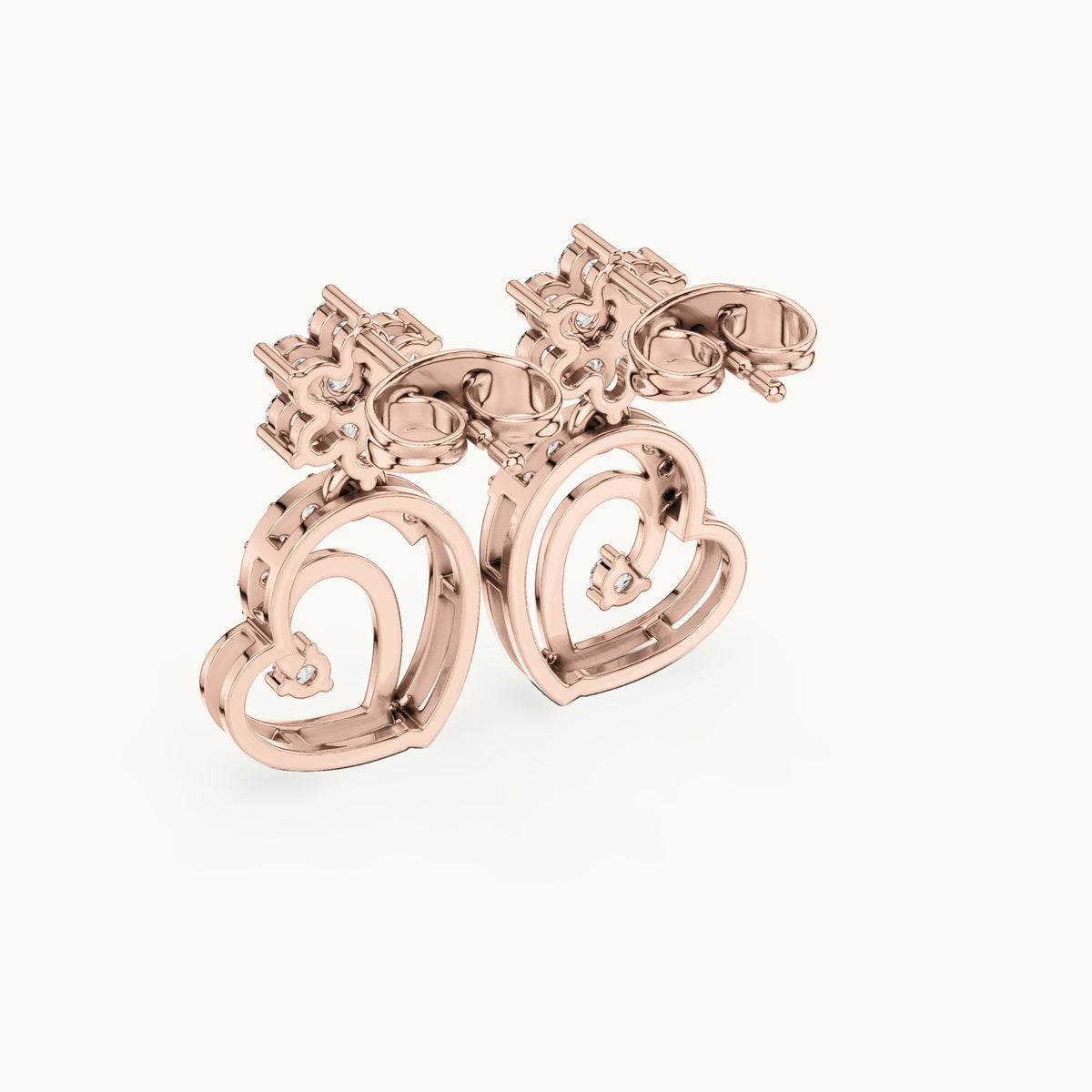 Round lab-grown diamond heart drop earrings in rose gold, 0.61 CT TW, view 3