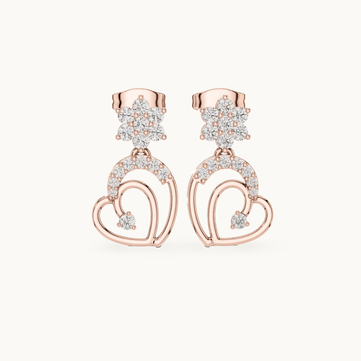 Round lab-grown diamond heart drop earrings in rose gold, 0.61 CT TW, view 4