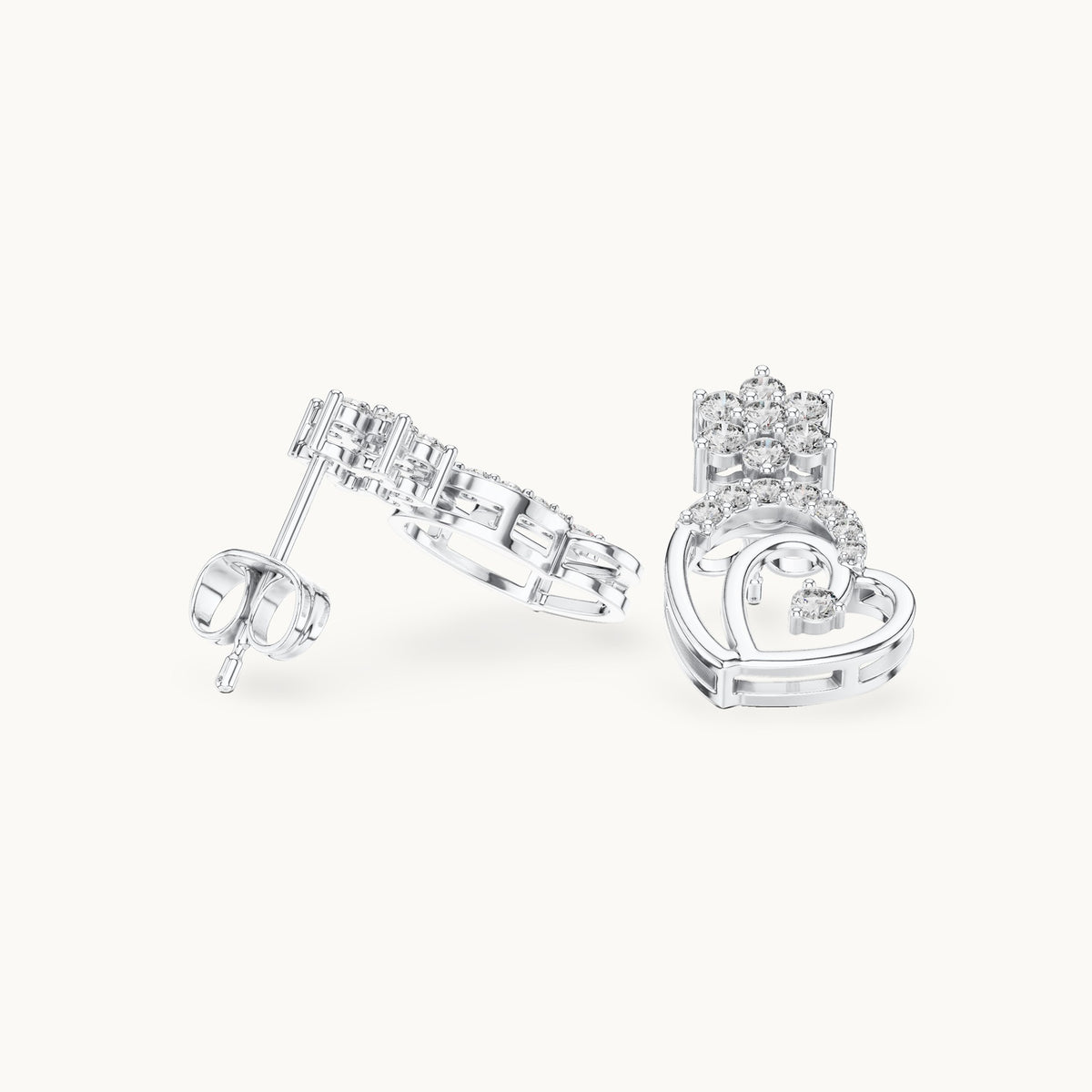 Round lab-grown diamond heart drop earrings in white gold, 0.61 CT TW, view 1
