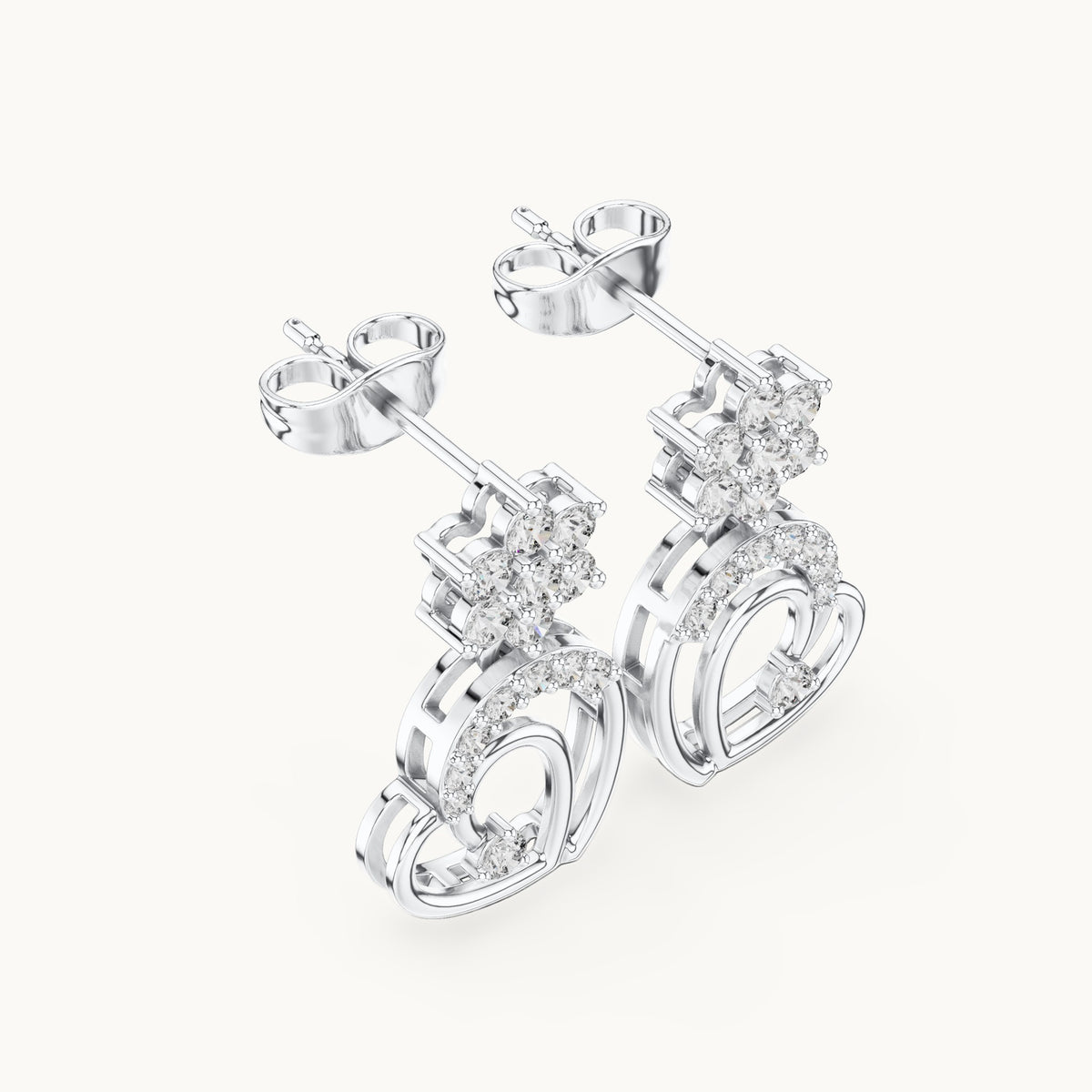 Round lab-grown diamond heart drop earrings in white gold, 0.61 CT TW, view 2