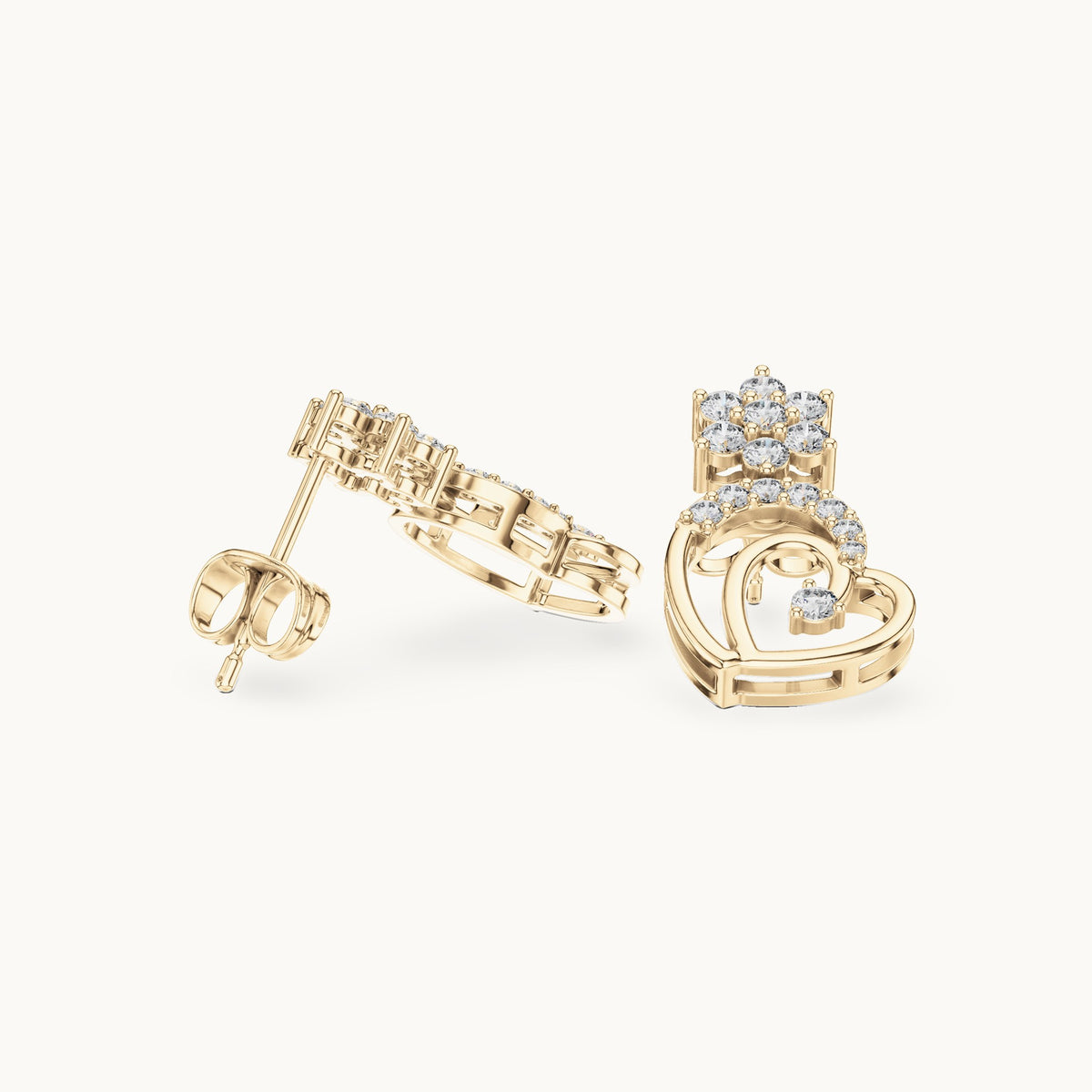 Round lab-grown diamond heart drop earrings in yellow gold, 0.61 CT TW, view 1