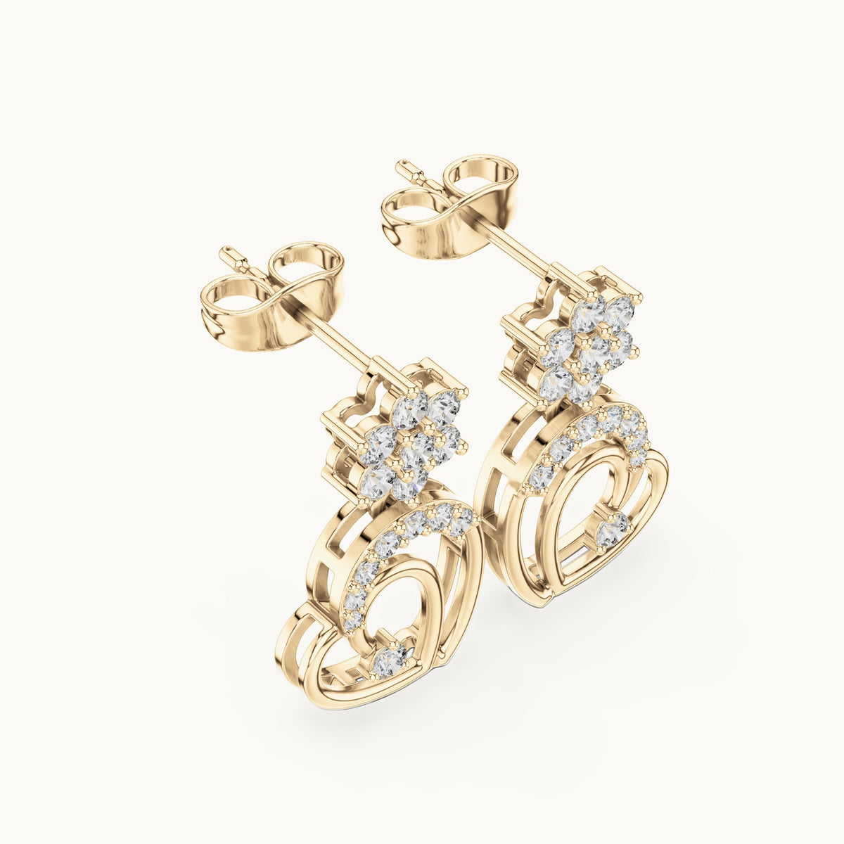 Round lab-grown diamond heart drop earrings in yellow gold, 0.61 CT TW, view 2
