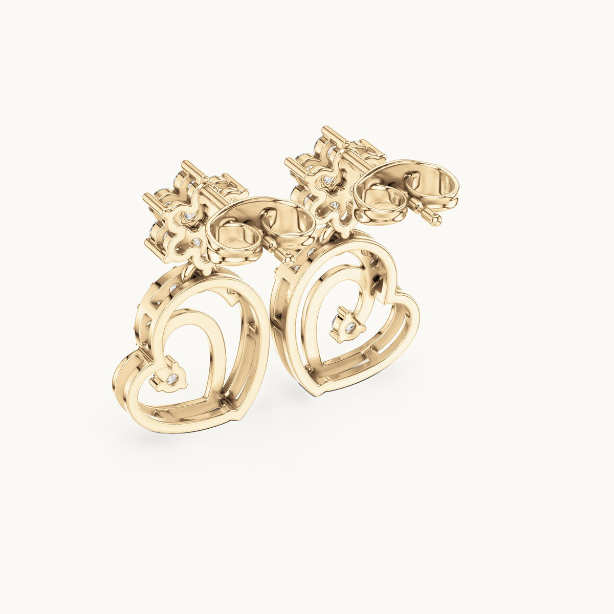 Round lab-grown diamond heart drop earrings in yellow gold, 0.61 CT TW, view 3