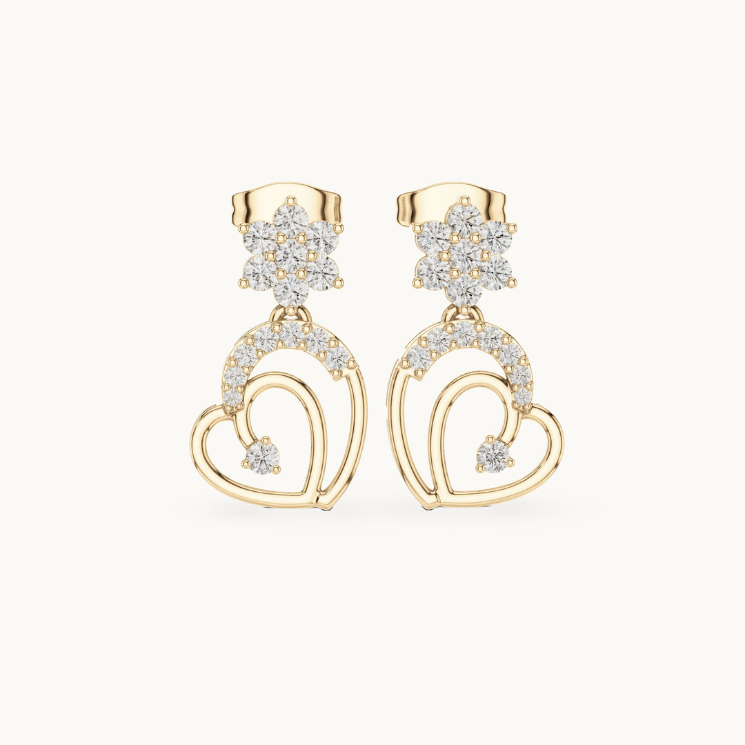 Round lab-grown diamond heart drop earrings in yellow gold, 0.61 CT TW, view 4