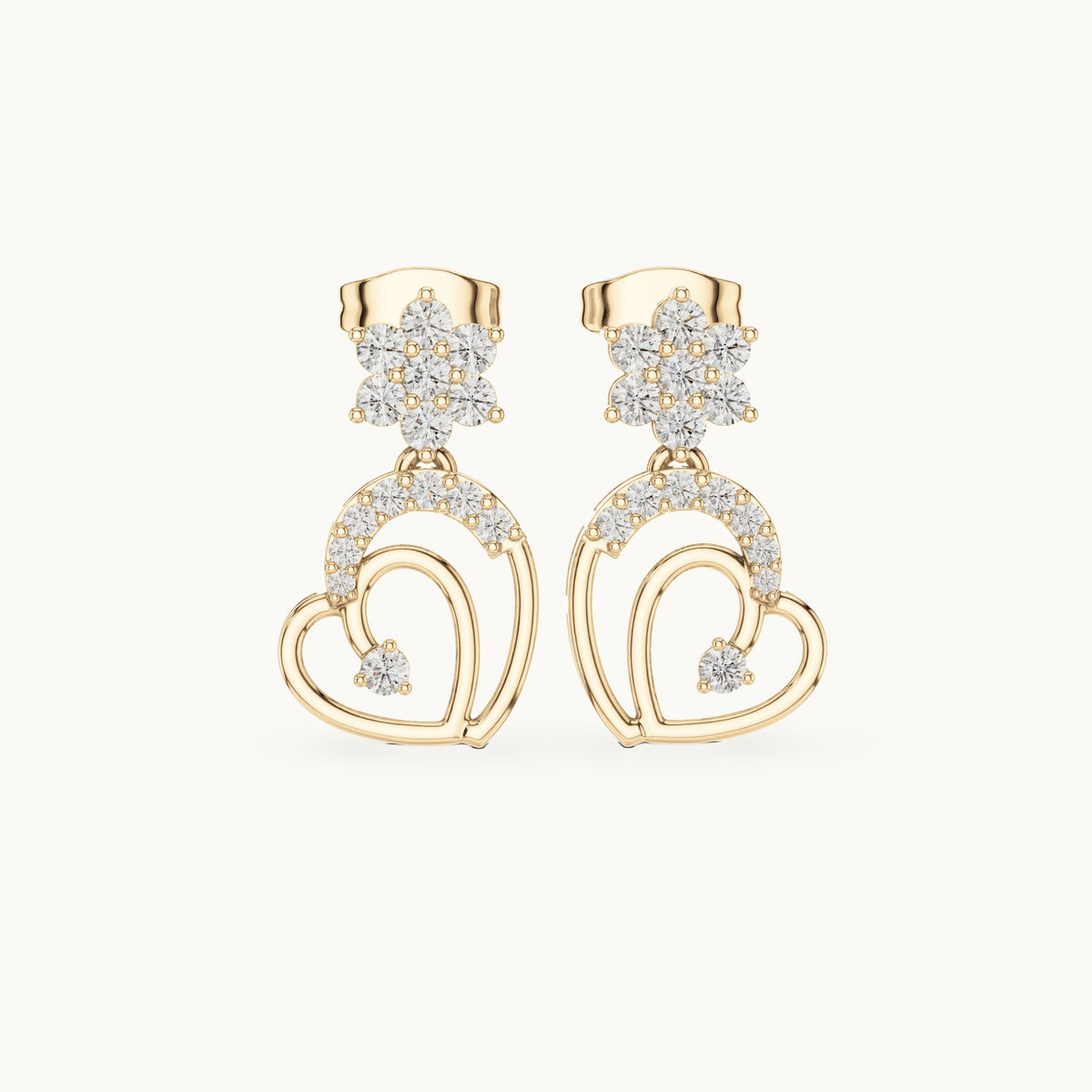 Round lab-grown diamond heart drop earrings in yellow gold, 0.61 CT TW, view 4