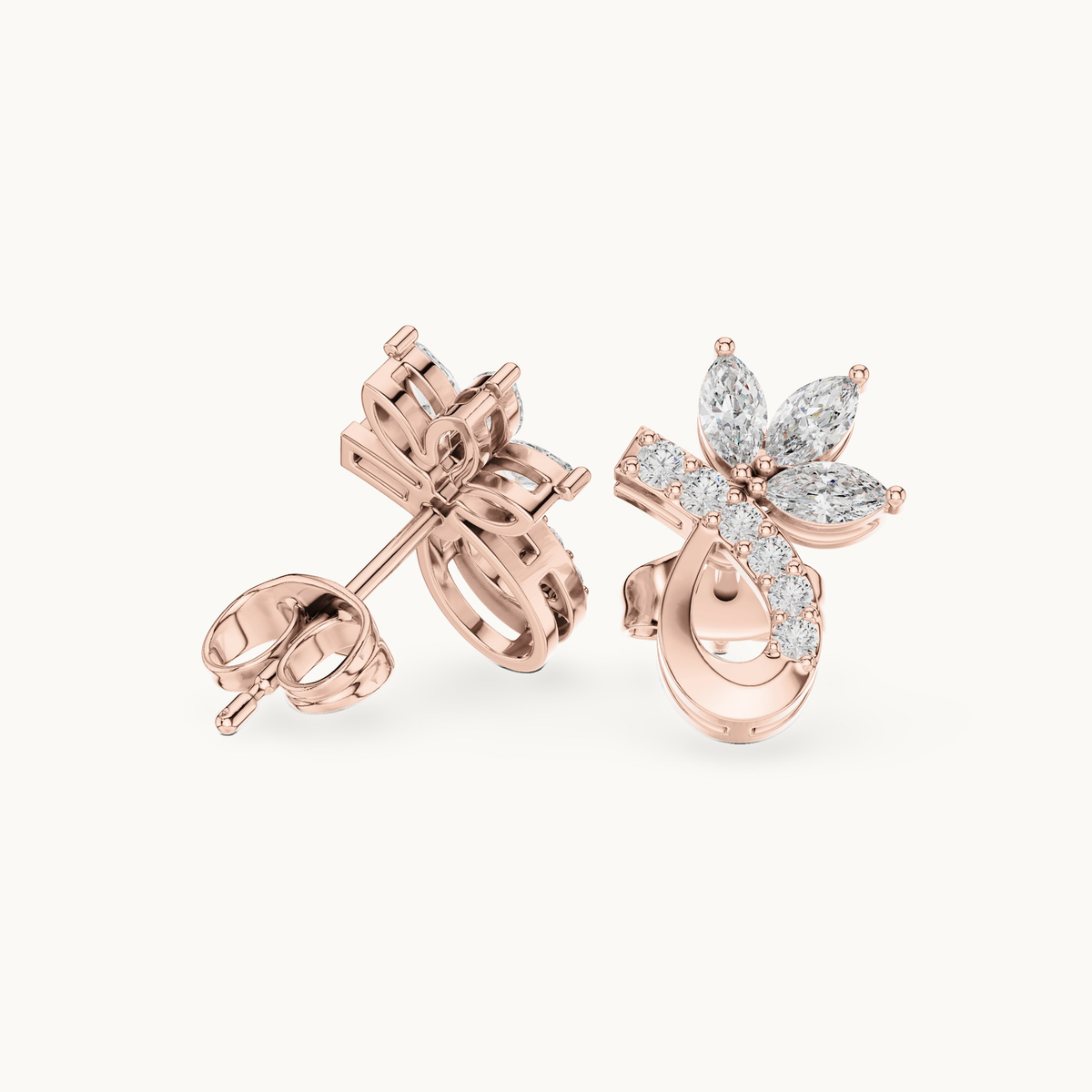Marquise and round lab-grown diamond flower stud earrings in 14K rose gold, 0.47 CT TW, view 1