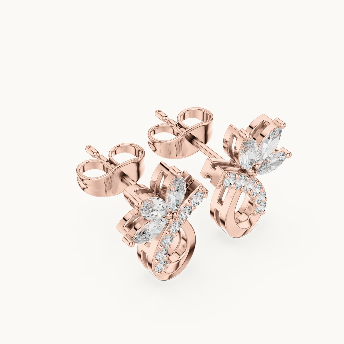 Marquise and round lab-grown diamond flower stud earrings in 14K rose gold, 0.47 CT TW, view 2