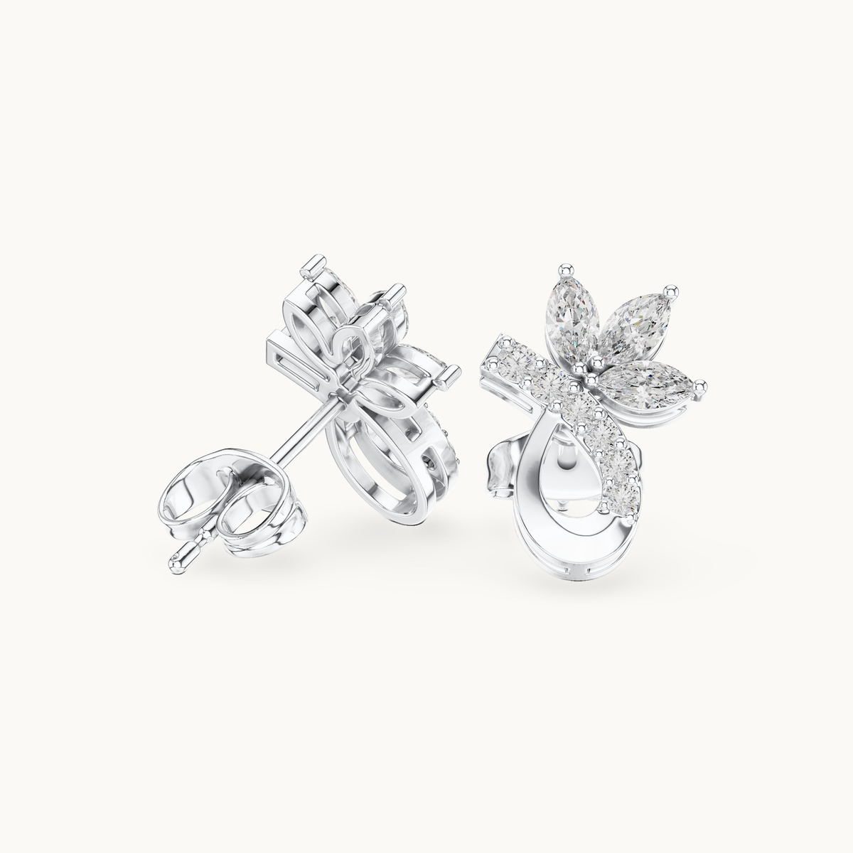 Marquise and round lab-grown diamond flower stud earrings in 14K white gold, 0.47 CT TW, view 1