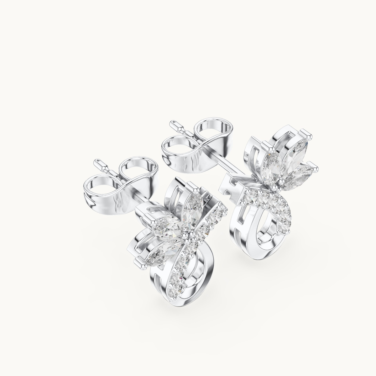 Marquise and round lab-grown diamond flower stud earrings in 14K white gold, 0.47 CT TW, view 2