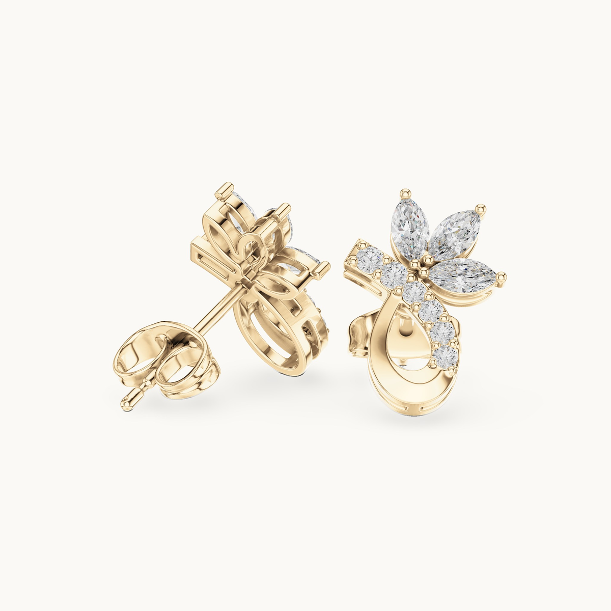 Marquise and round lab-grown diamond flower stud earrings in 14K yellow gold, 0.47 CT TW, view 1