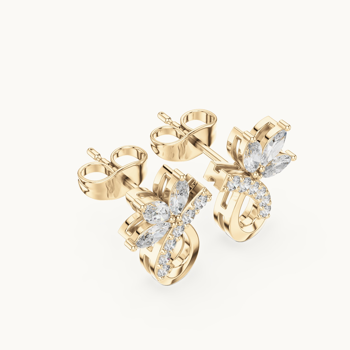 Marquise and round lab-grown diamond flower stud earrings in 14K yellow gold, 0.47 CT TW, view 2
