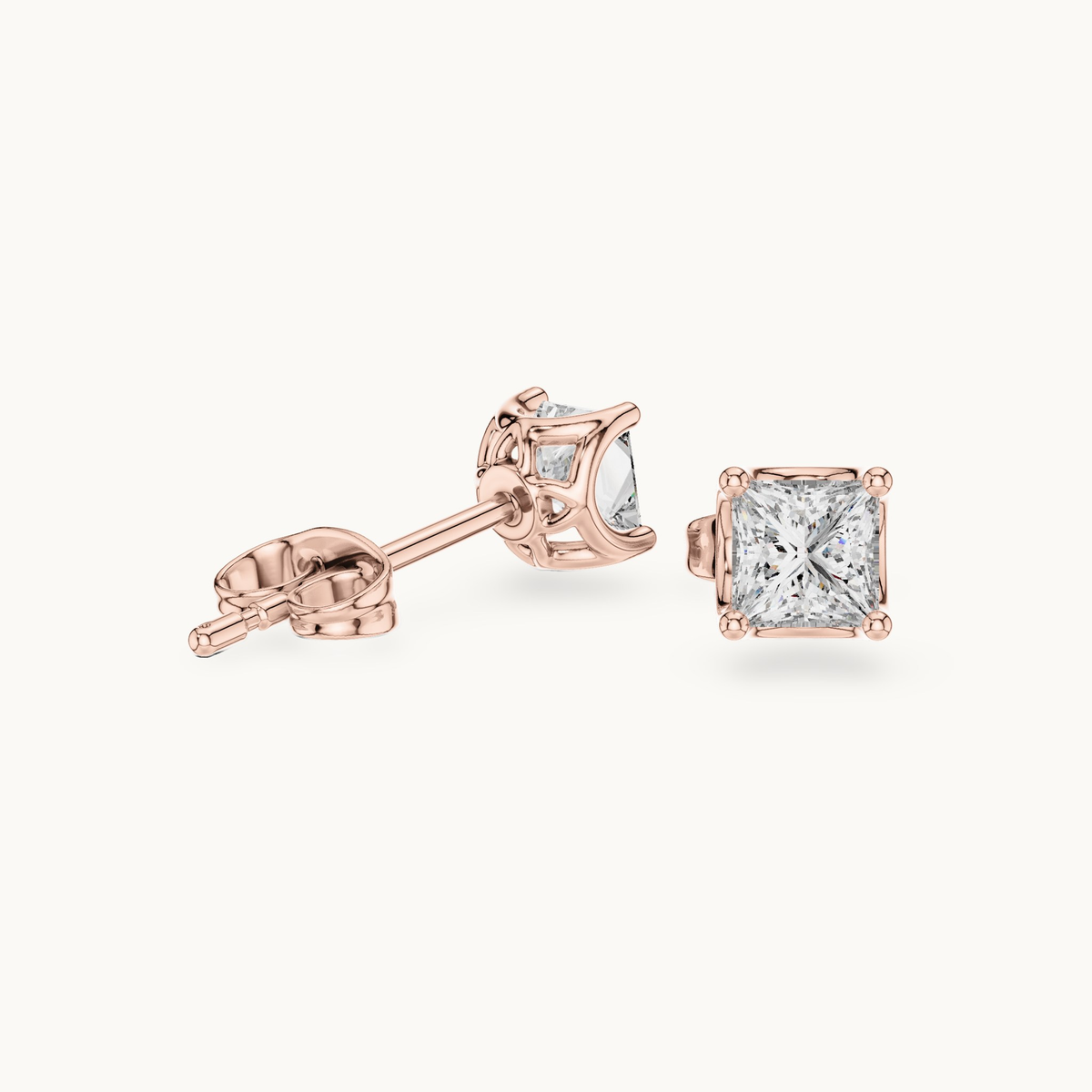 Princess-cut lab-grown diamond solitaire stud earrings in 14K rose gold, 0.43 CT TW, view 1
