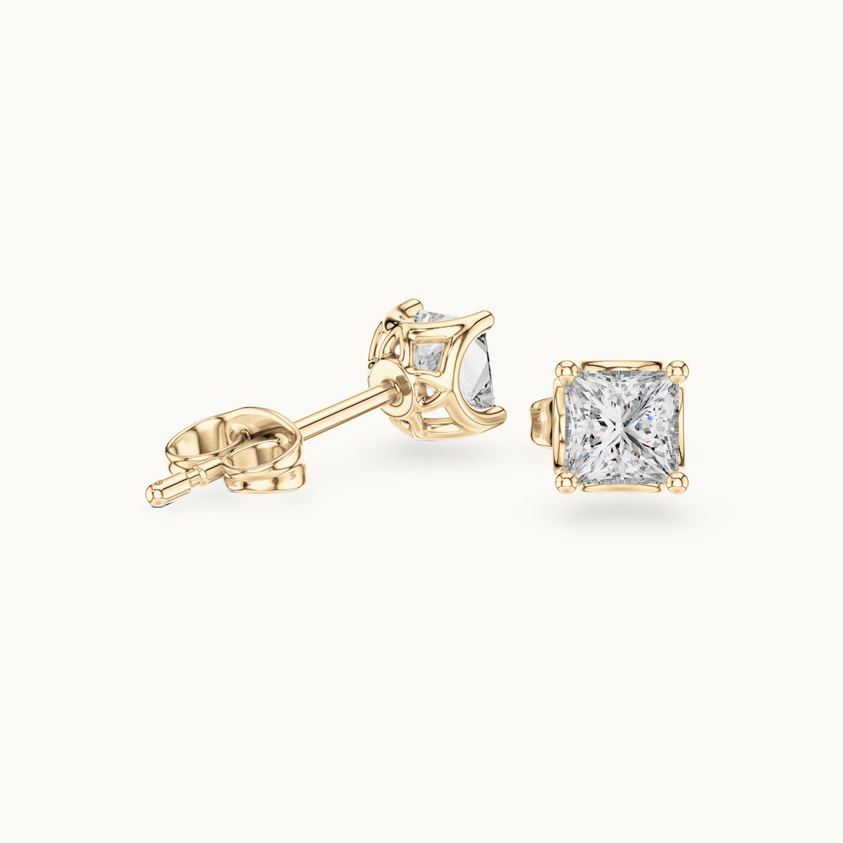 Princess-cut lab-grown diamond solitaire stud earrings in 14K yellow gold, 0.43 CT TW, view 1