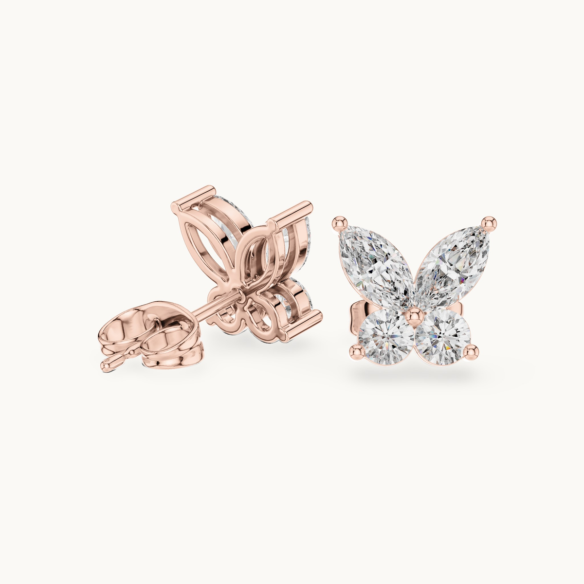 Marquise and round lab-grown diamond butterfly stud earrings in 14K rose gold, 1.19 CT TW, view 1