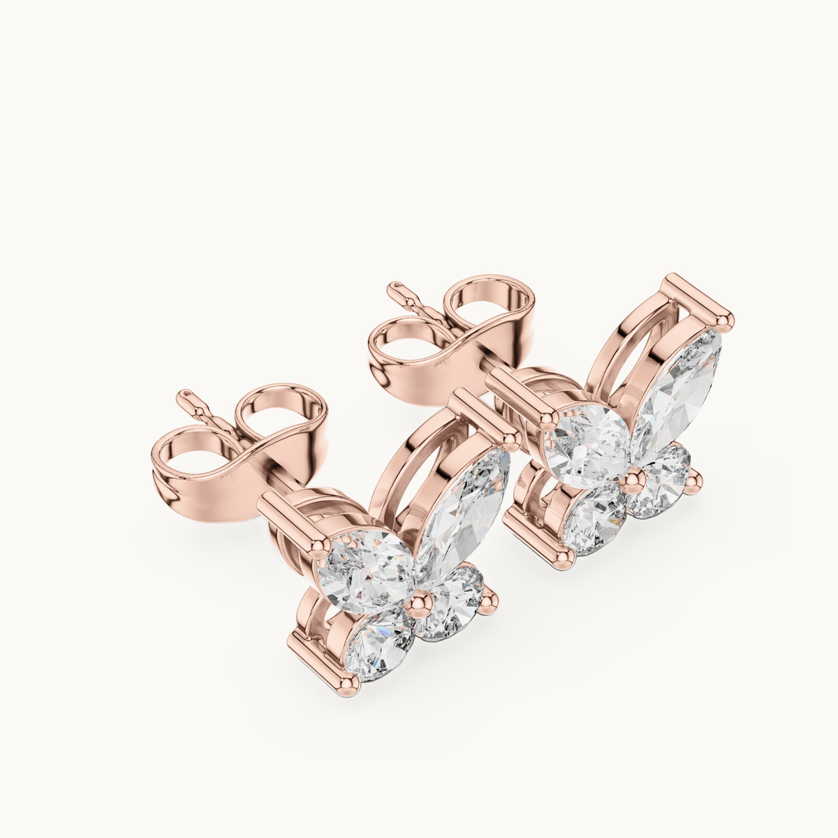 Marquise and round lab-grown diamond butterfly stud earrings in 14K rose gold, 1.19 CT TW, view 2