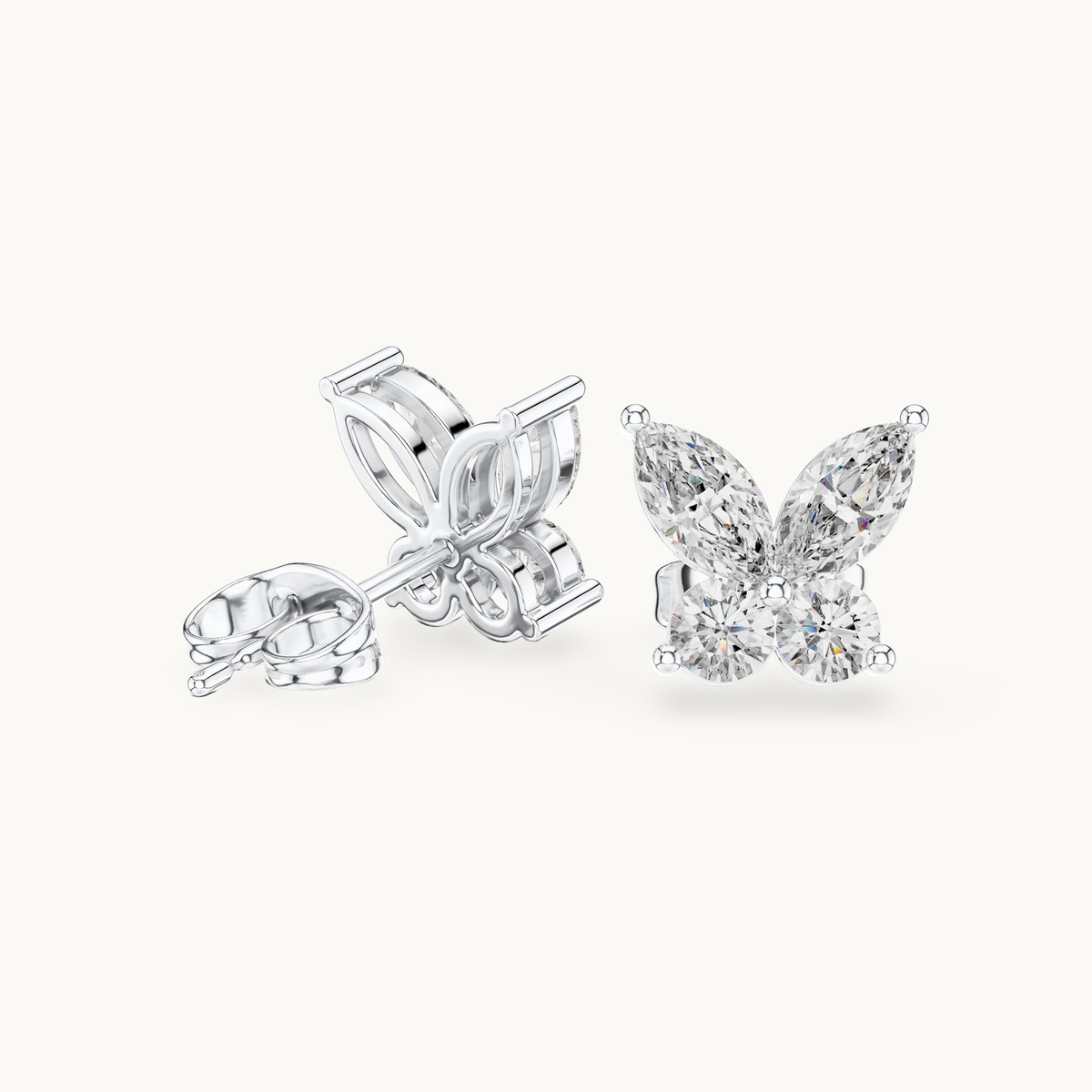 Marquise and round lab-grown diamond butterfly stud earrings in 14K white gold, 1.19 CT TW, view 1