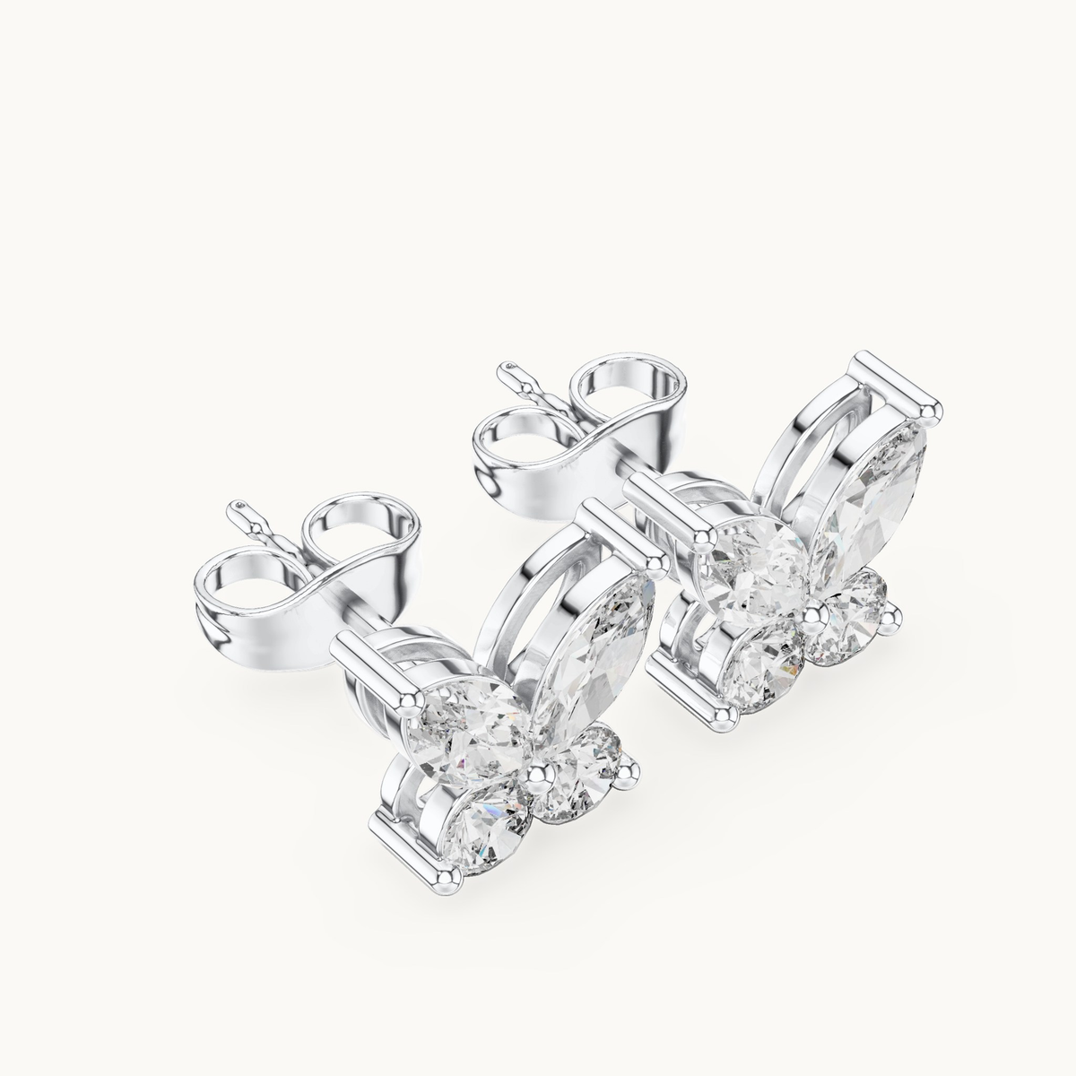 Marquise and round lab-grown diamond butterfly stud earrings in 14K white gold, 1.19 CT TW, view 2