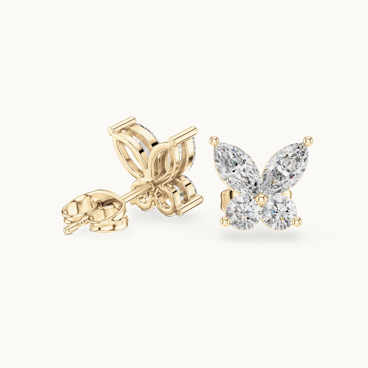 Marquise and round lab-grown diamond butterfly stud earrings in 14K yellow gold, 1.19 CT TW, view 1