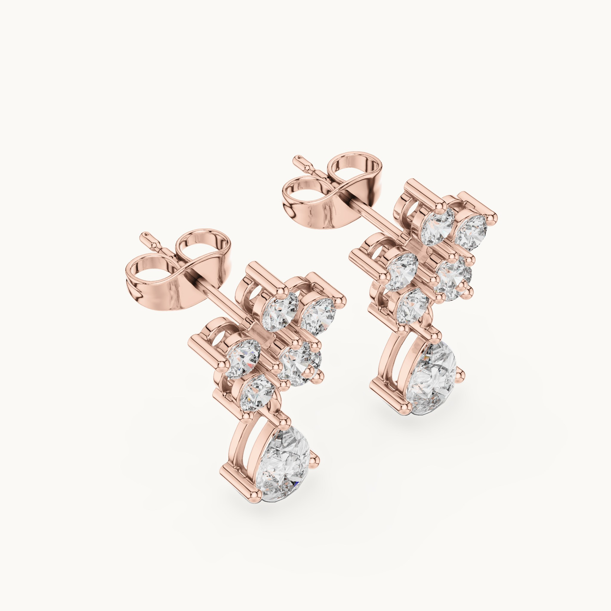 Round and pear lab-grown diamond flower drop earrings in 14K rose gold, 1.44 CT TW, view 2