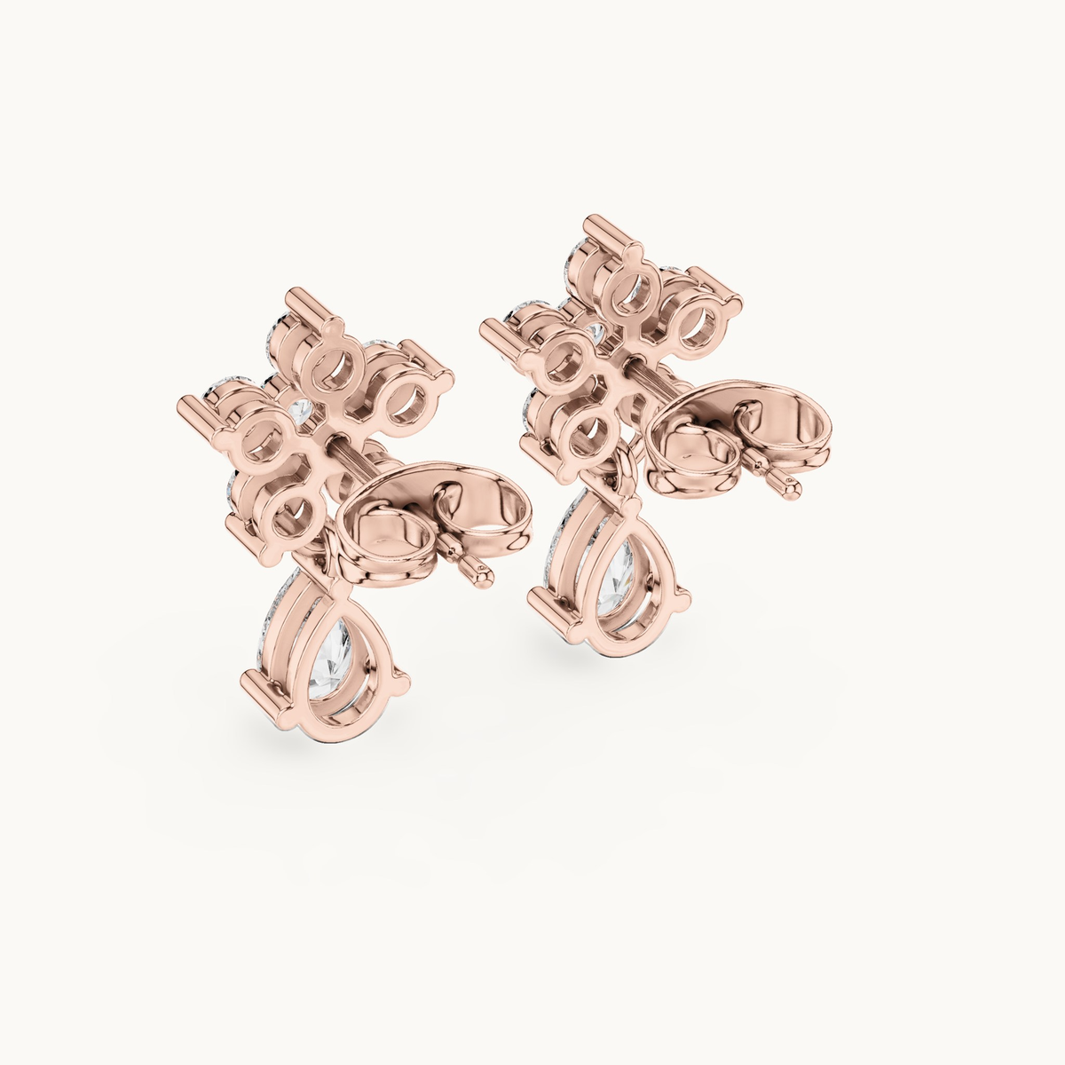Round and pear lab-grown diamond flower drop earrings in 14K rose gold, 1.44 CT TW, view 3