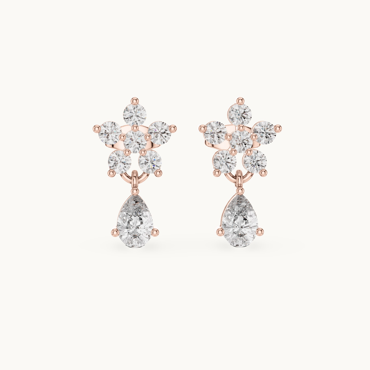 Round and pear lab-grown diamond flower drop earrings in 14K rose gold, 1.44 CT TW, view 4