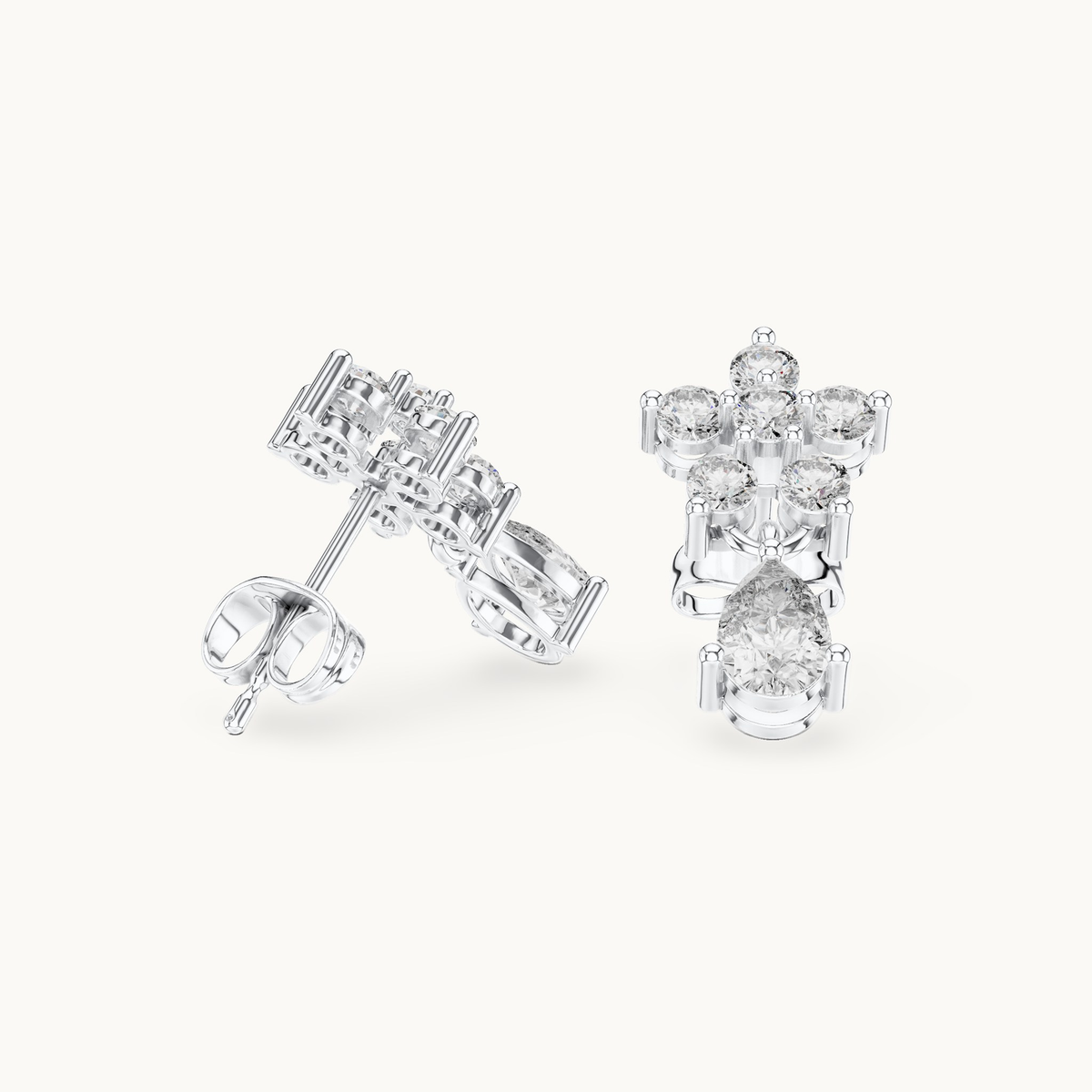 Round and pear lab-grown diamond flower drop earrings in 14K white gold, 1.44 CT TW, view 1