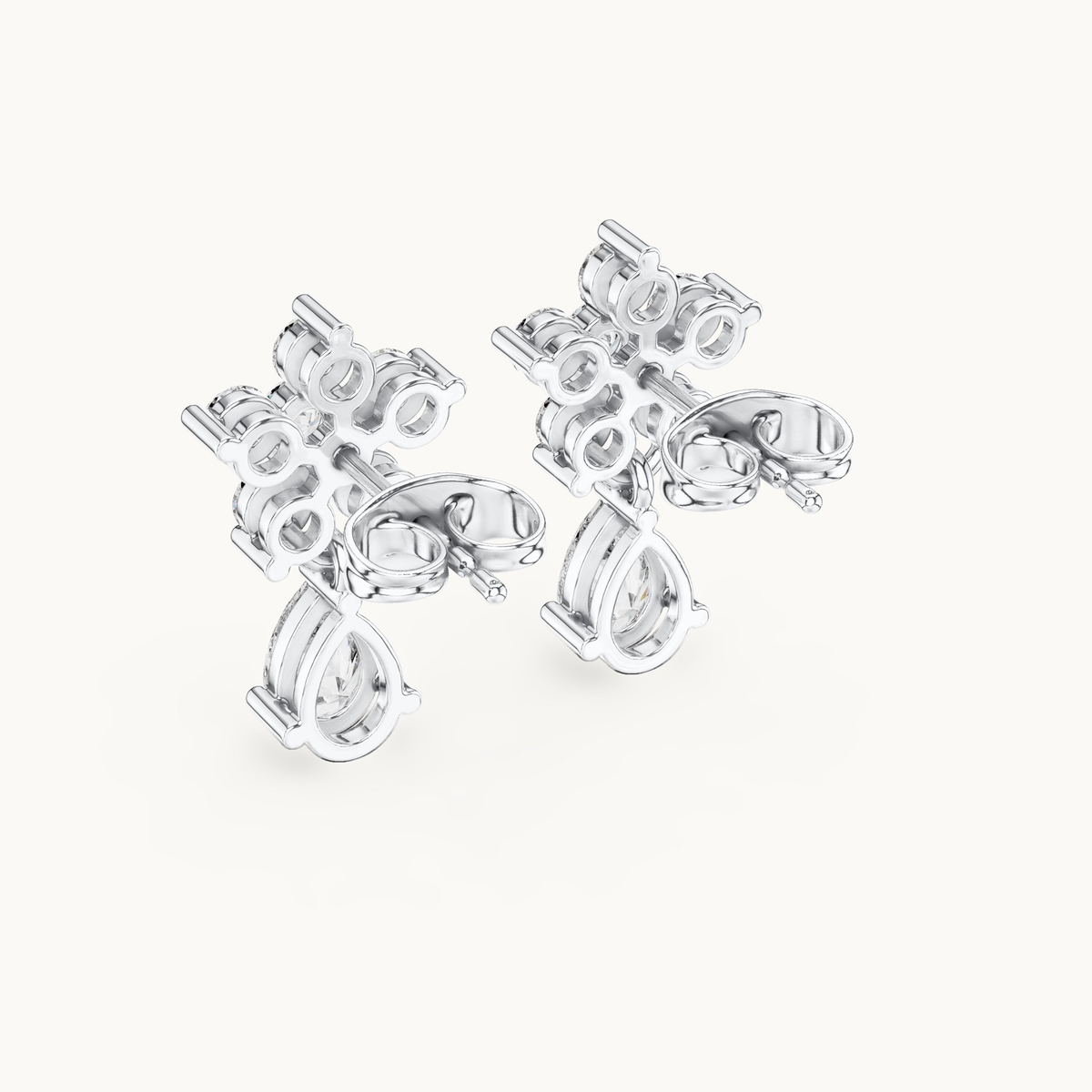 Round and pear lab-grown diamond flower drop earrings in 14K white gold, 1.44 CT TW, view 3