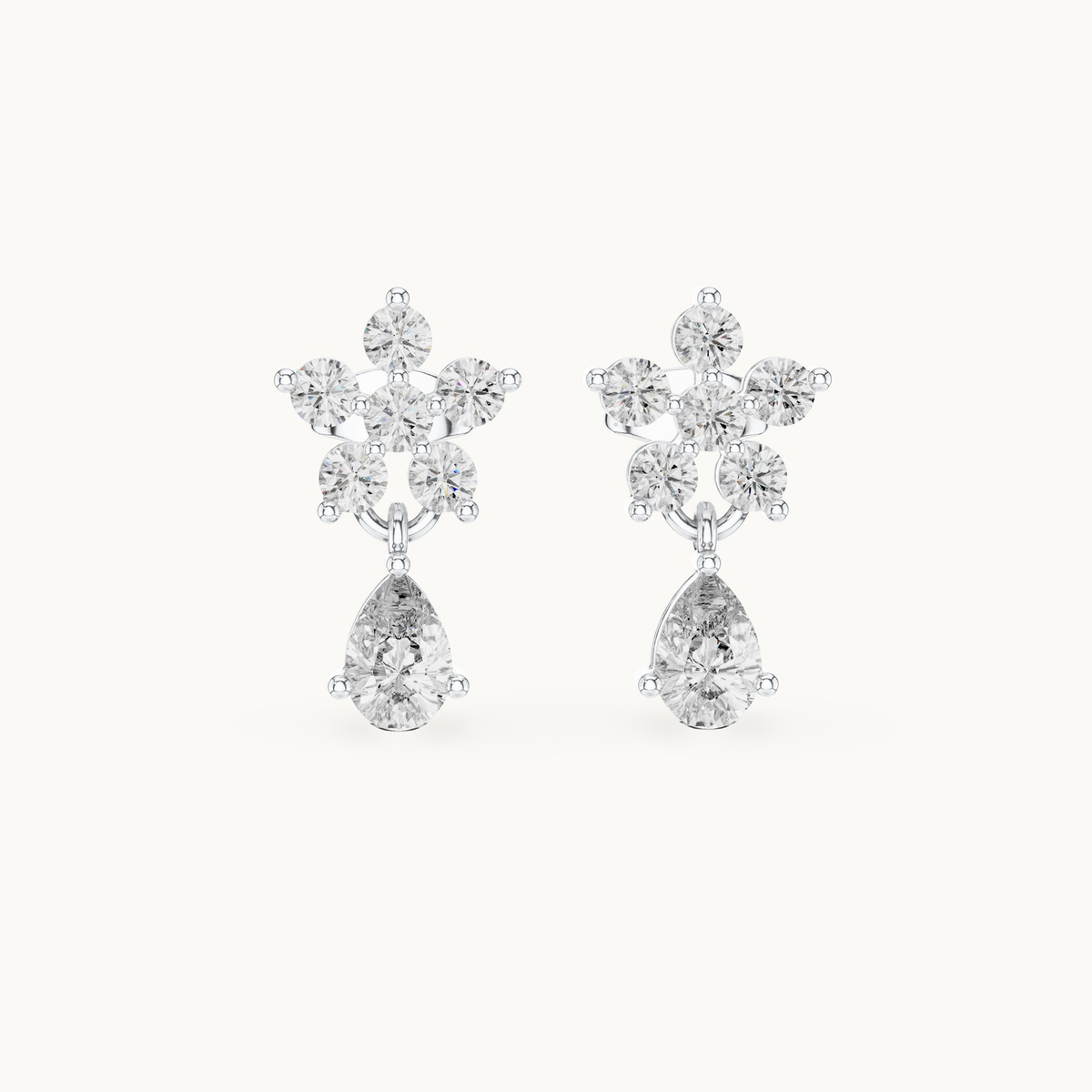 Round and pear lab-grown diamond flower drop earrings in 14K white gold, 1.44 CT TW, view 4