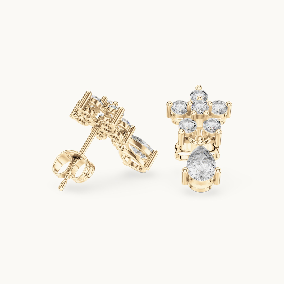 Round and pear lab-grown diamond flower drop earrings in 14K yellow gold, 1.44 CT TW, view 1