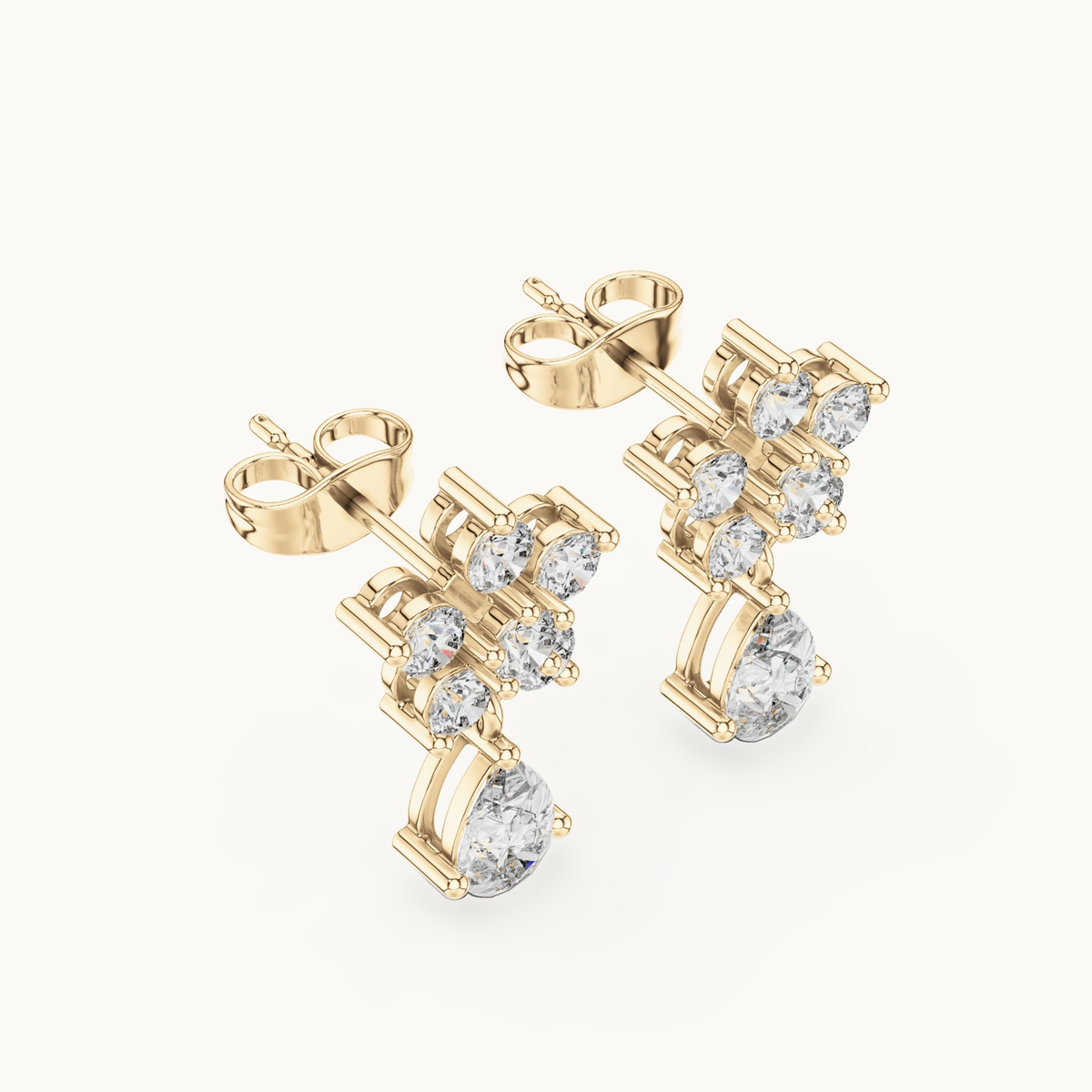 Round and pear lab-grown diamond flower drop earrings in 14K yellow gold, 1.44 CT TW, view 2