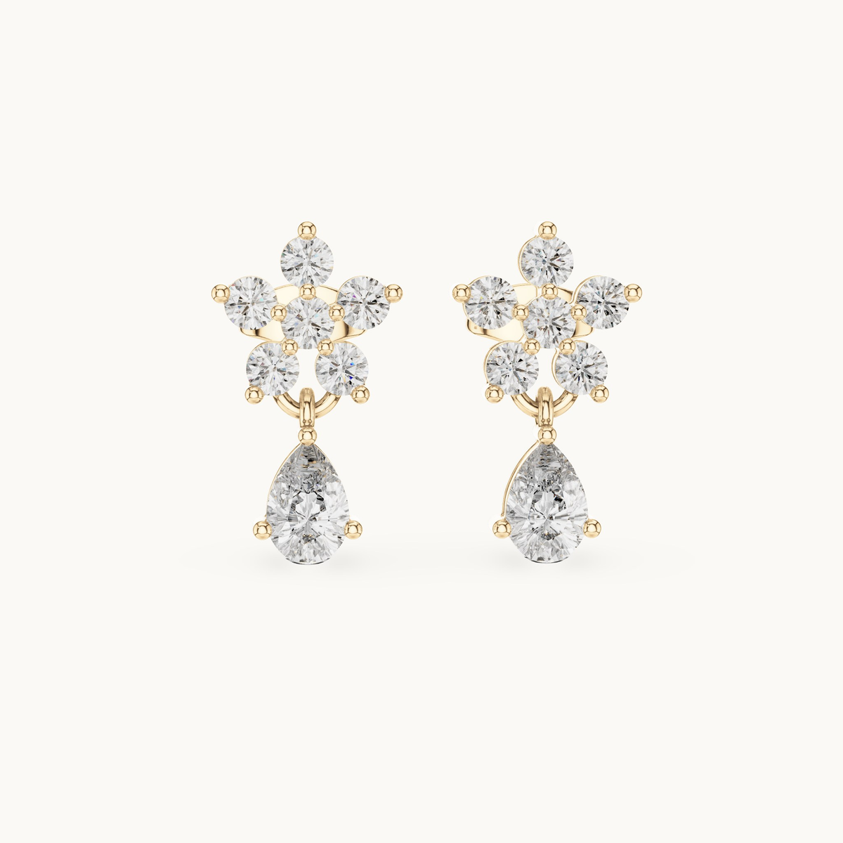 Round and pear lab-grown diamond flower drop earrings in 14K yellow gold, 1.44 CT TW, view 4