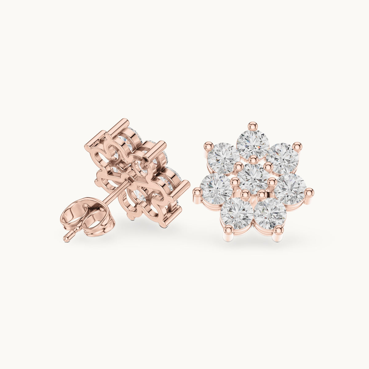 Round lab-grown diamond eight-stone flower cluster stud earrings in rose gold, 2.64 CT TW, view 1