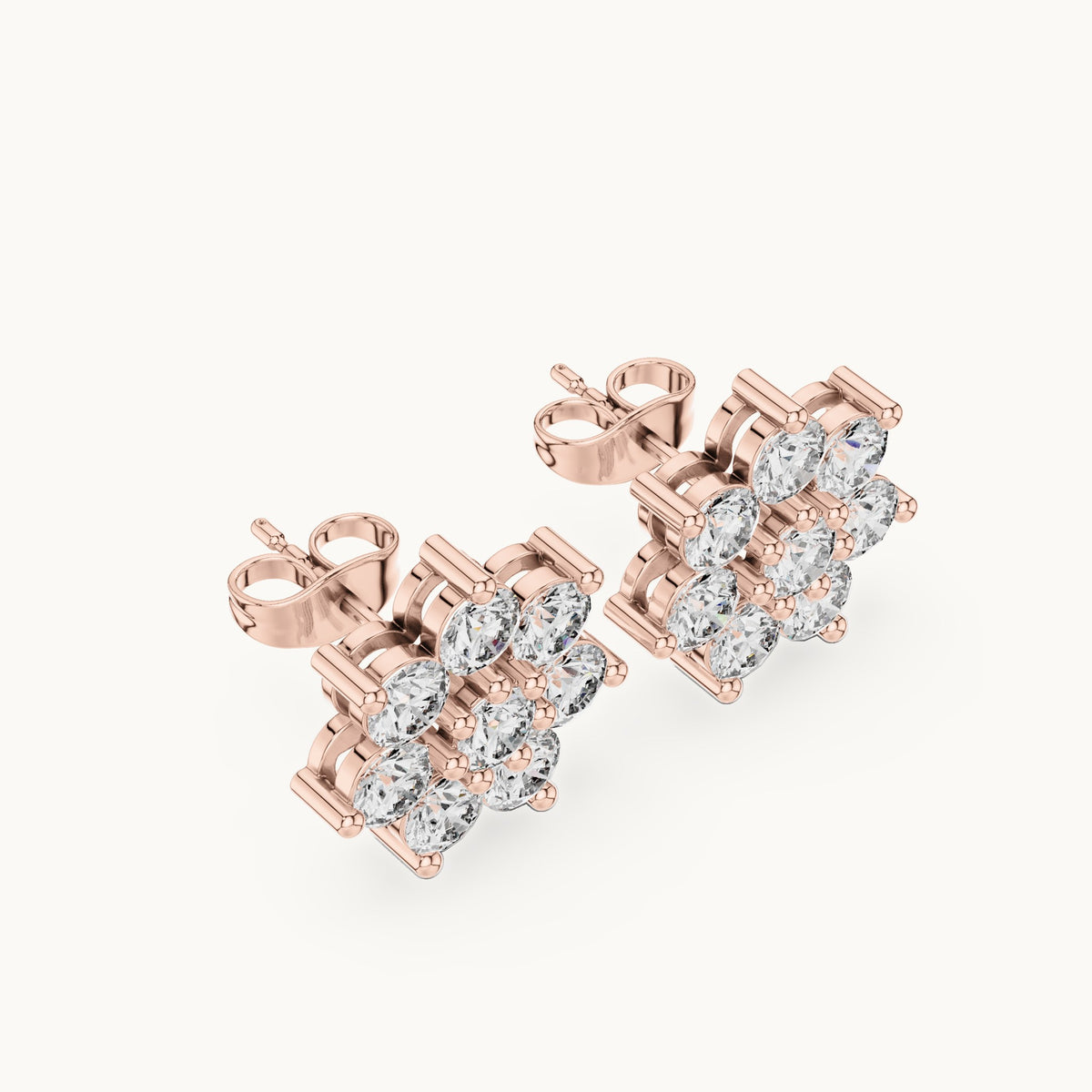 Round lab-grown diamond eight-stone flower cluster stud earrings in rose gold, 2.64 CT TW, view 2
