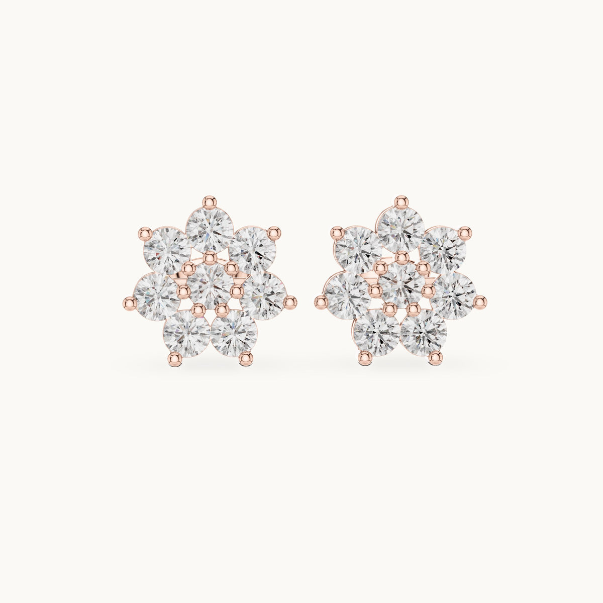 Round lab-grown diamond eight-stone flower cluster stud earrings in rose gold, 2.64 CT TW, view 4