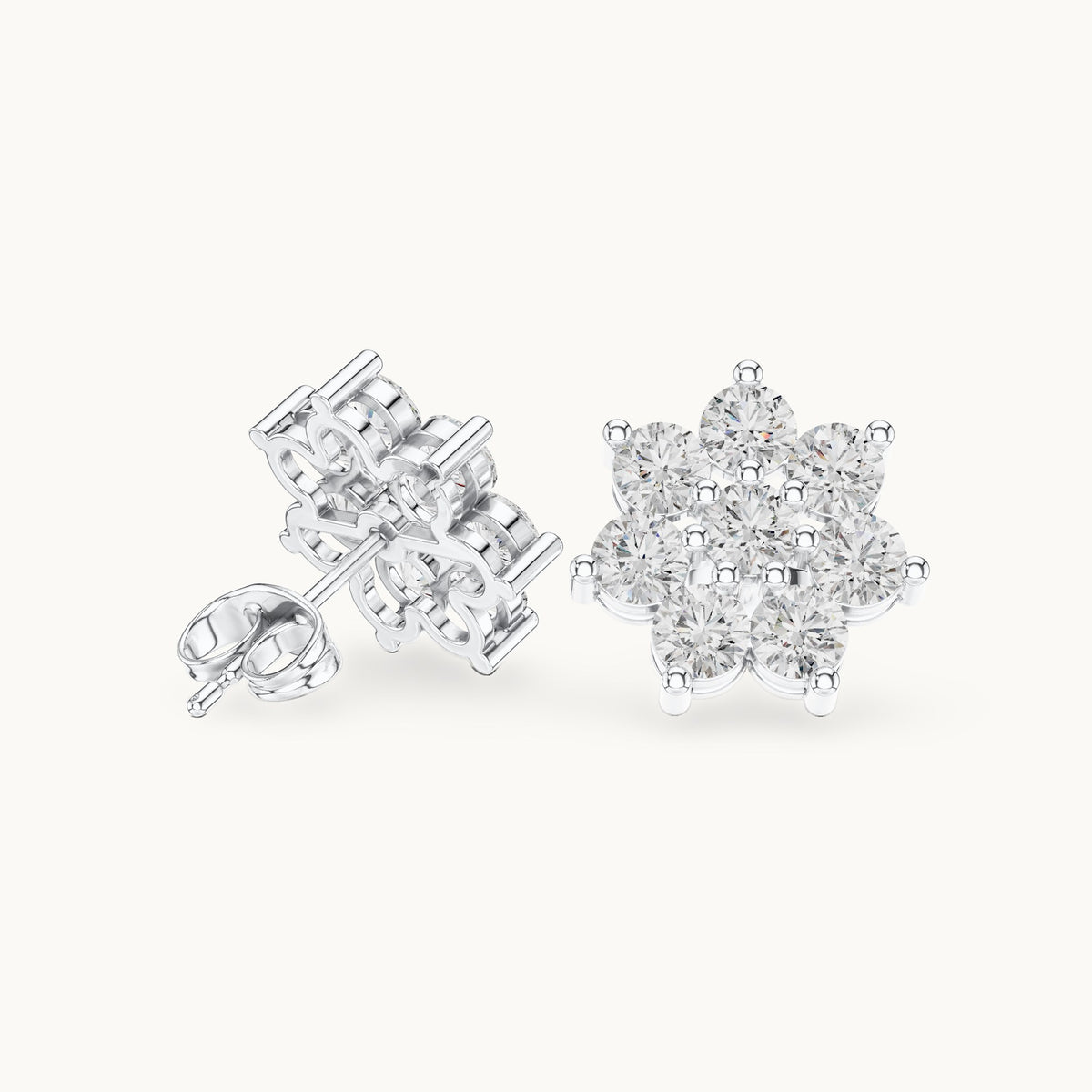Round lab-grown diamond eight-stone flower cluster stud earrings in white gold, 2.64 CT TW, view 1