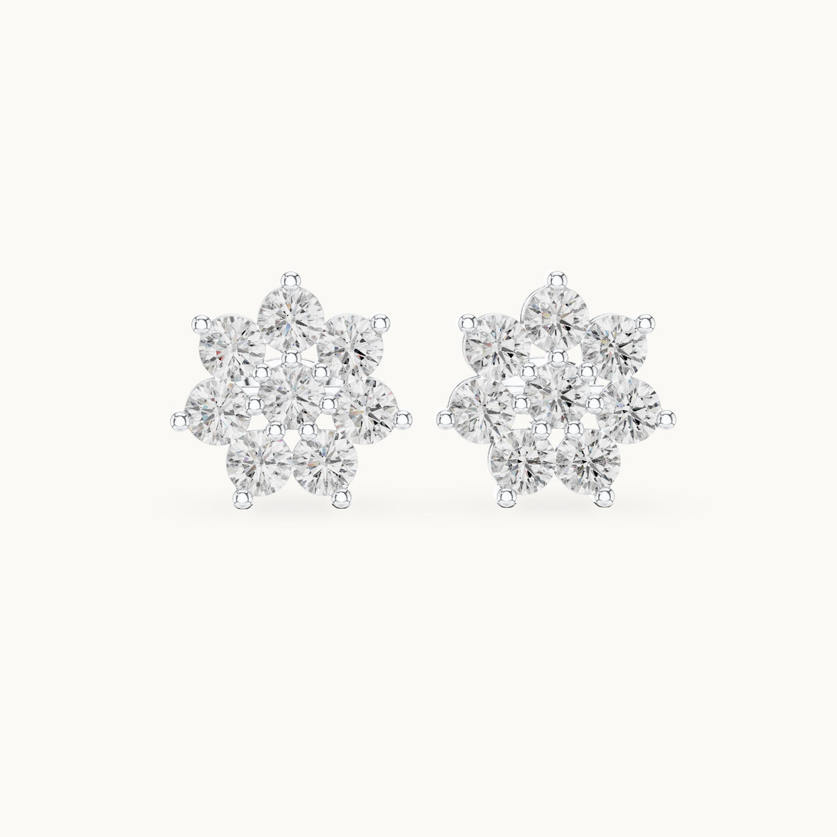 Round lab-grown diamond eight-stone flower cluster stud earrings in white gold, 2.64 CT TW, view 4