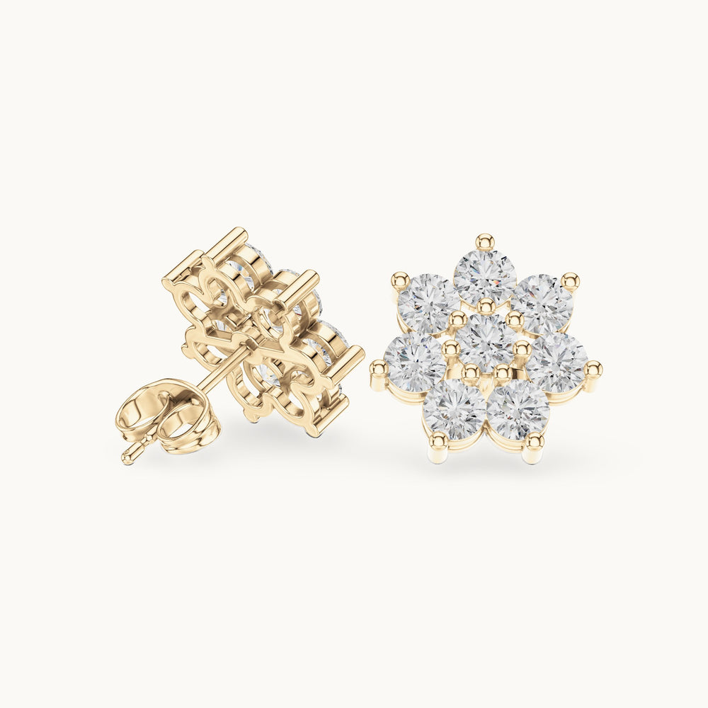 Round lab-grown diamond eight-stone flower cluster stud earrings in yellow gold, 2.64 CT TW, view 1