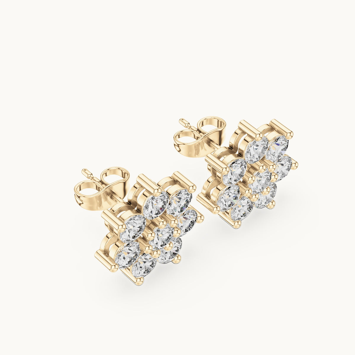 Round lab-grown diamond eight-stone flower cluster stud earrings in yellow gold, 2.64 CT TW, view 2